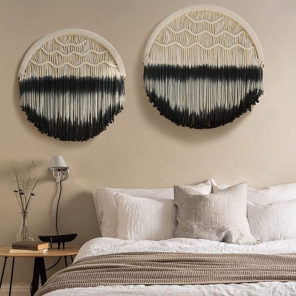 Boho Black Ombré Cream Macrame Circle Hippie Indie Tie-Dye Dipped Home Decor - Picture 2 of 10